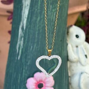 18K Gold plated White Heart Pendant Necklace with Clear Rhinestone Accents